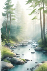 river in the woods - Watercolor Landscape wall art - Generative AI