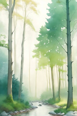 morning in the woods - Watercolor Landscape wall art - Generative AI