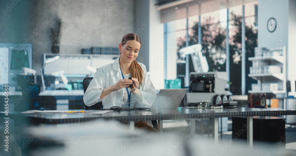 Poster portrait of professional female scientist working in industrial lab using laptop computer. successfu