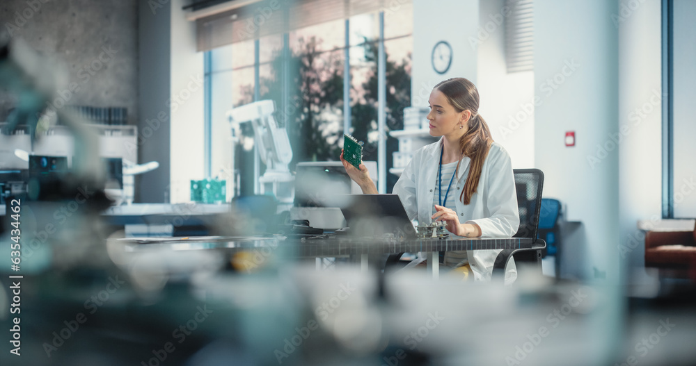 Fototapete Portrait of Professional Female Scientist Working in Industrial Lab Using Laptop Computer. Successful Engineer Checking and Monitoring Production Quality, Analysing Data Using Technology