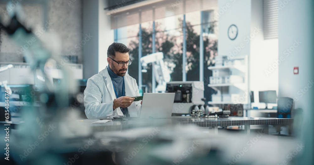 Aufkleber Portrait of a Professional Male Scientist Working in an Industrial Lab Using Laptop Computer. Successful Project Manager Making Strategy Plans for Industrial Production Company, Using Technology