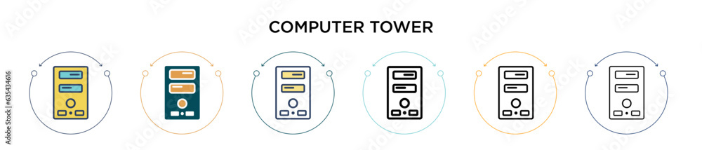 Poster computer tower icon in filled, thin line, outline and stroke style. vector illustration of two color