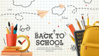Back to school, banner, poster. Backpack and stationery, stack of books, alarm clock, paper airplanes, a checkered paper with different doodle scientific icons