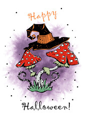 A Halloween greeting card. Toadstools and a witch's hat. Vector