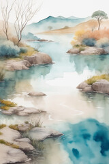 mountain river in the mountains - Watercolor Landscape wall art - Generative AI