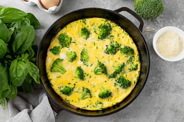Omelette with broccoli, cheese and fresh basil on a dark cast iron pan on a gray concrete background. Healthy breakfast.