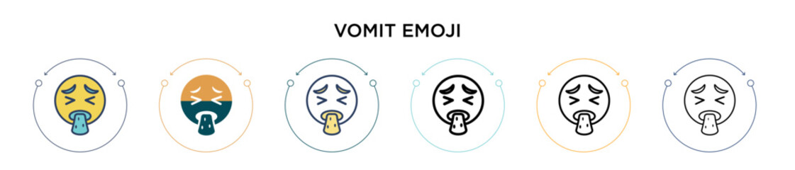 Vomit emoji icon in filled, thin line, outline and stroke style. Vector illustration of two colored and black vomit emoji vector icons designs can be used for mobile, ui, web