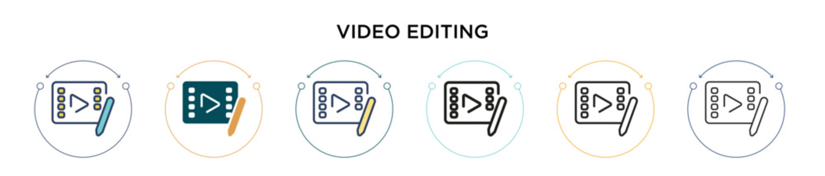 Video editing icon in filled, thin line, outline and stroke style. Vector illustration of two colored and black video editing vector icons designs can be used for mobile, ui, web