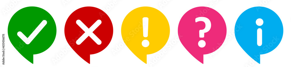 Aufkleber Set of flat thinking circle icons-check mark, cross, X mark, exclamation point, question mark and information mark vector. Tick, cross, cut, exclamatory, question and info mark set in thinking circle.