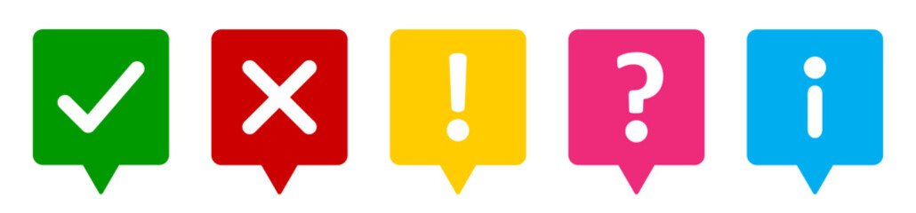 Fototapeta premium Set of flat thinking square icons- check mark, cross, X mark, exclamation point, question mark and information mark vector. Tick, cross, exclamatory, question and info mark set in thinking square.