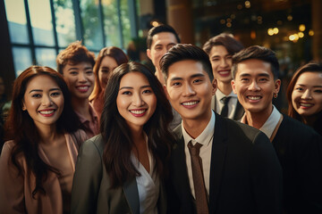 Obraz premium An accomplished Asian business team stands in a modern office, exuding confidence and camaraderie as they smile at the camera, a portrait of success and satisfaction. Generative AI.