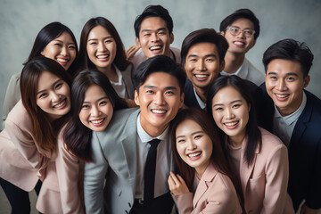 An accomplished Asian business team stands in a modern office, exuding confidence and camaraderie as they smile at the camera, a portrait of success and satisfaction. Generative AI.