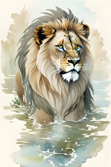 lion in the water - Watercolor Landscape wall art - Generative AI