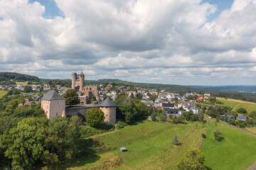Aerial view of Greifenstein Castle near the village of the same name in eastern Westerwald/Germany