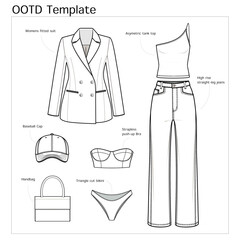 Office casual Look. OOTD template. technical fashion illustration. asymmetric tank top, designer jeans, suit, baseball hat, handbag, strapless bra, bikini, vector template, CAD mockup.