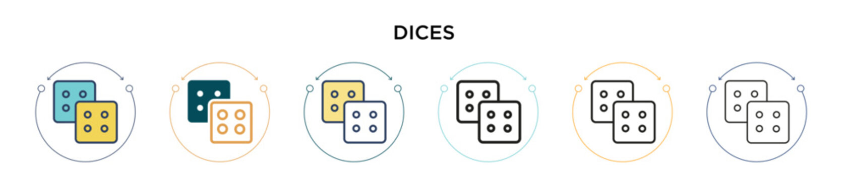 Dices icon in filled, thin line, outline and stroke style. Vector illustration of two colored and black dices vector icons designs can be used for mobile, ui, web