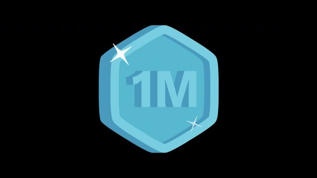 Blue hexagon one million followers badge alpha channel animation video. 3D 1m subscribers or views animated label for social and digital media projects. Sparkle motion design effect, isolated. 