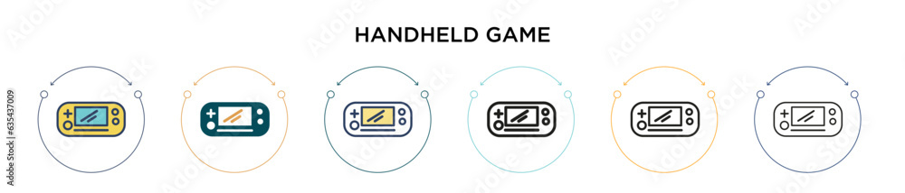 Poster handheld game icon in filled, thin line, outline and stroke style. vector illustration of two colore