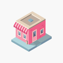 Vector isometric pink building. Store building. Vector illustration.