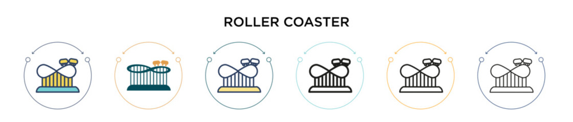 Roller coaster icon in filled, thin line, outline and stroke style. Vector illustration of two colored and black roller coaster vector icons designs can be used for mobile, ui, web