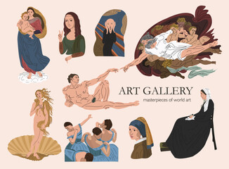 Famous paintings in vector. Exhibition of classical painting. Gallery of works of art. masterpieces of world art. Creation of Adam. Reproductions of paintings. Birth of Venus. Sistine Madonna. - obrazy, fototapety, plakaty