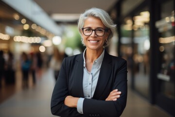 Obraz na płótnie Canvas Portrait of confident mature businesswoman standing with arms crossed in office