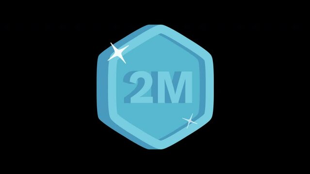 Two million number badge alpha channel animation video. 2m followers or subscribers or views animated label for social and digital media projects. Sparkle motion design effect, isolated. 