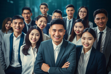 Fototapeta premium Confident international business team in powerful poses, wearing suits, showcases unity and professionalism. Smiles capture a portrait of success in a modern office. Generative AI.