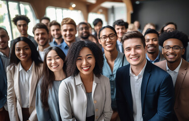 Fototapeta premium Confident international business team in powerful poses, wearing suits, showcases unity and professionalism. Smiles capture a portrait of success in a modern office. Generative AI.