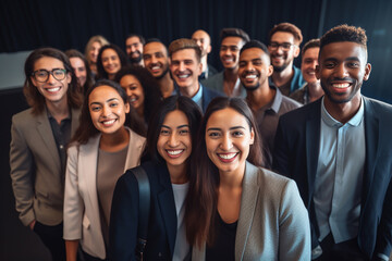Confident international business team in powerful poses, wearing suits, showcases unity and professionalism. Smiles capture a portrait of success in a modern office. Generative AI.
