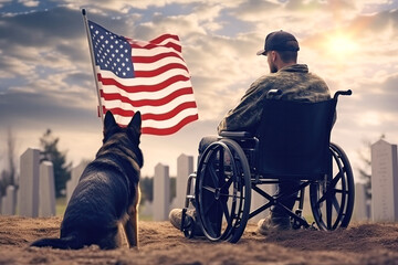 Obraz premium American war veteran in a wheelchair with with German Shepherd in a cemetery at Day of Remembrance