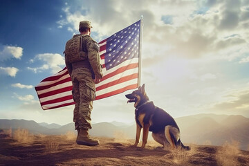 Back of american military man with service german shepherd on the background of the US flag, veterans day