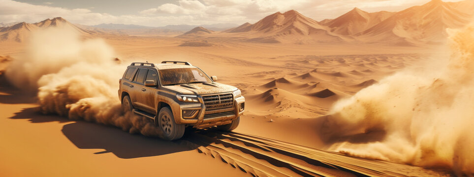 Naklejki 4x4 off-road SUV driving fast in the desert bashing sand dunes. Generative AI