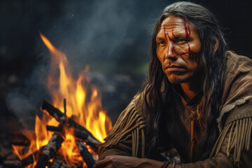 Serious indigenous man from the Amazon with ritual paintings on face sitting by the fire