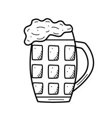 Glass beer mug with foam icon. Vector illustration of a logo for a bar or pub. Single doodle sketch isolate on white.