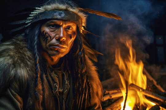 Adult serious indigenous man from the Amazon with ritual paintings on face and wearing headdresses feathers sitting by the fire