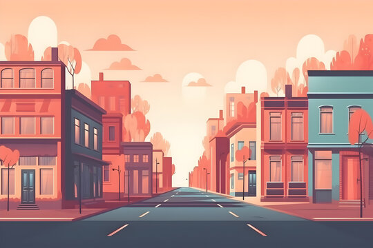 A modern city, a flat illustration of a city street with low-rise buildings, commercial and public buildings in various architectural styles,