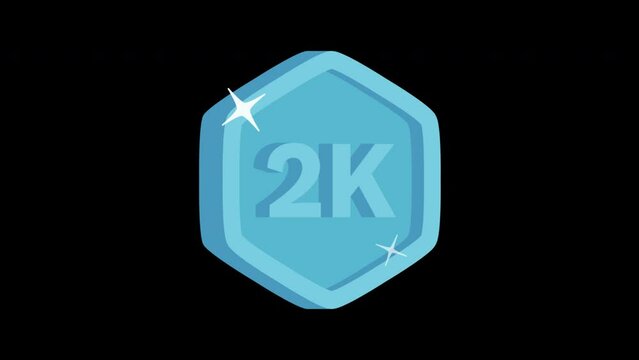2K follower blue hexagon badge animation alpha channel video. Two thousand likes or subscribers or views animated badge for social and digital media projects. Sparkle motion 3d effect. 