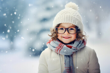 Fototapeta na wymiar Portrait of happy smiling carefree joyful child in winter time
