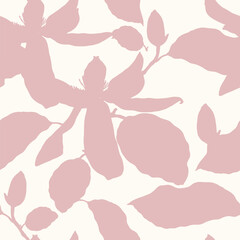 Seamless silhouette floral pattern with magnolia flowers. Line illustration. Romantic elegant endless background. - 635438456