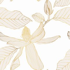 Seamless floral pattern with bouquets of golden line magnolia flowers, buds, curly branches with leaves hand drawn isolated on a white background. Floral pattern.