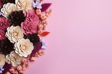 a pink flower in a vase on a pink floor, in the style of cherry blossoms, minimalist backgrounds, elaborate borders, use of paper, spectacular backdrops, twisted branches, floral accents
