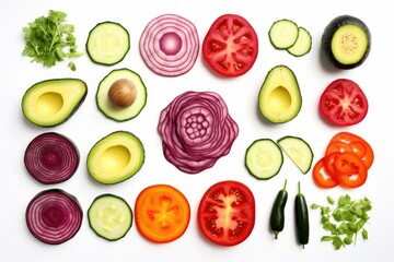Isolated vegetable halves. Raw cut vegetables top view