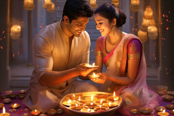 Smiling young joyful happy married couple together celebrating Diwali day