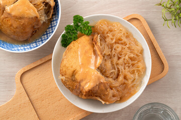 Tamsui agei, delicious famous street food in Taiwan stuffed with mung bean noodles.