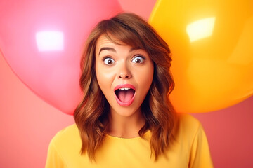 Portrait of wow surprised excited amazed woman with open mouth and big round eyes on colored helium balloons background - obrazy, fototapety, plakaty