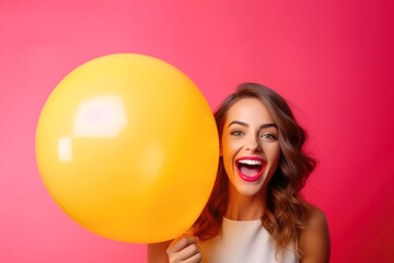 Portrait of satisfied excited joyful happy woman holding helium yellow balloon on a pink background for congratulations on the holiday day