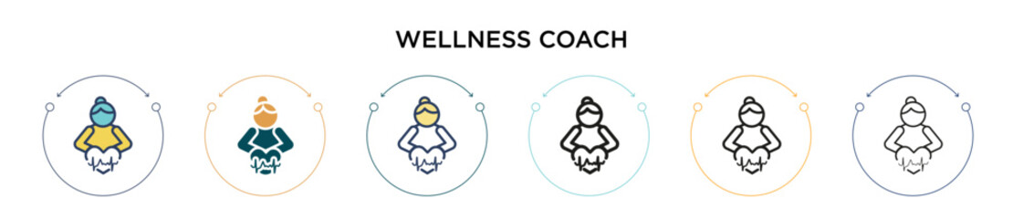 Wellness coach icon in filled, thin line, outline and stroke style. Vector illustration of two colored and black wellness coach vector icons designs can be used for mobile, ui, web