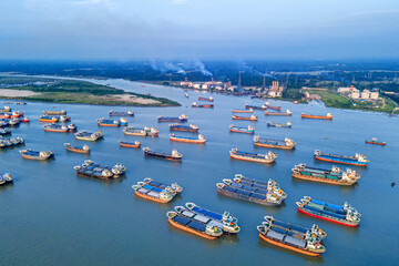 Hundreds of vessels are seen anchored in Karnafuli river near port in Chattogram. The Port of...