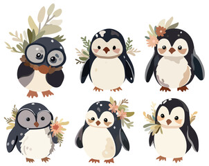 Adorable festive penguins. Joyful penguin character, smiling aquatic non-flying bird. Vector collection featuring baby penguin, charming polar creatures. Vector.